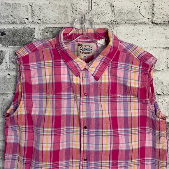 Ely Vintage Pearl Snap Plaid Sleeveless Button Down Western Shirt - Picture 2 of 6